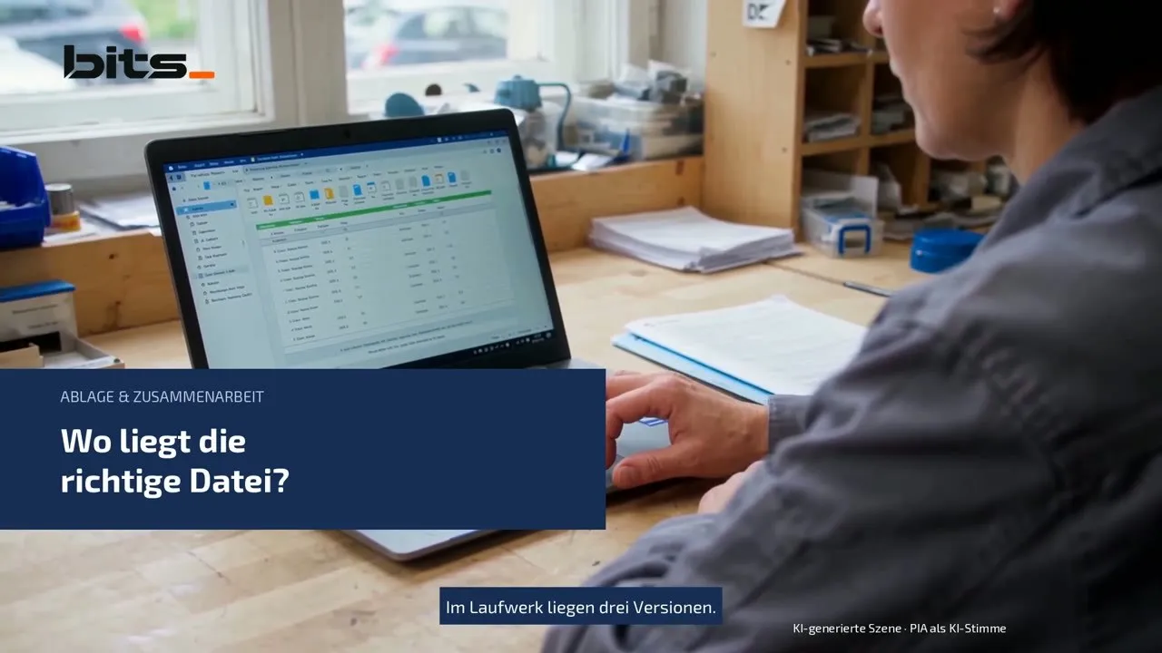 Person an einer Werkbank mit Laptop und ausgedrucktem Dokument, darüber die Tafel «Wo liegt die richtige Datei?»
