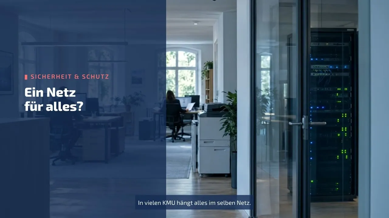 Büro mit Arbeitsplätzen und Drucker, rechts ein Serverschrank hinter einer Glastür, links die Tafel «Ein Netz für alles?»