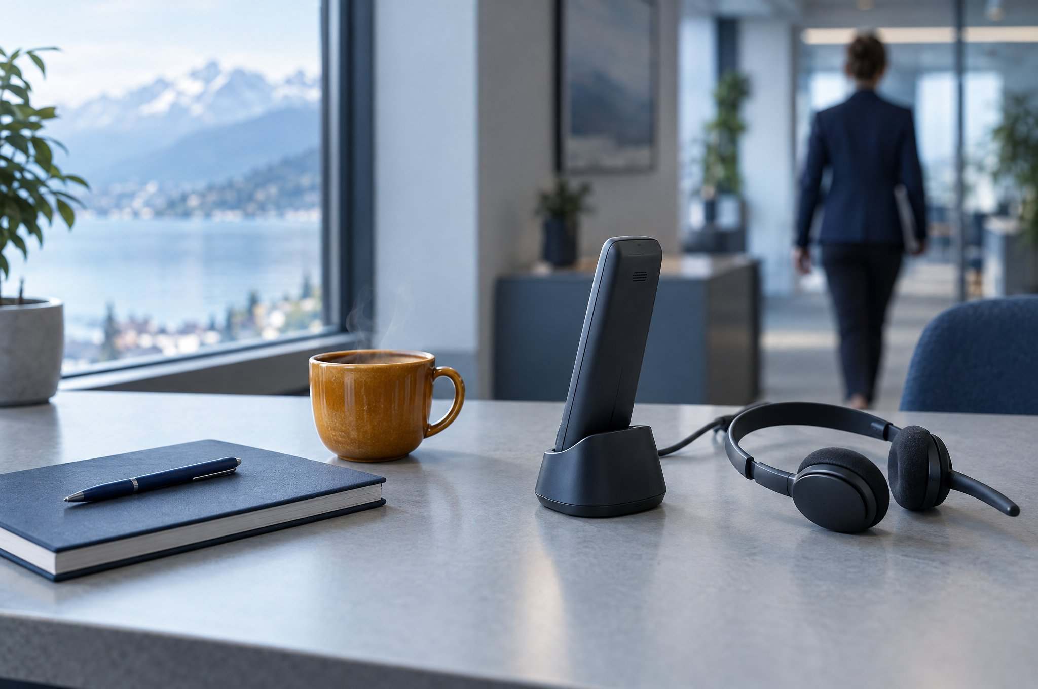 Ein Funktelefon steht in der Ladeschale auf einem hellen Empfangstisch, daneben ein Headset, ein Notizbuch und eine dampfende Tasse Kaffee; im Hintergrund geht eine Person unscharf davon, durchs Fenster See und Berge.