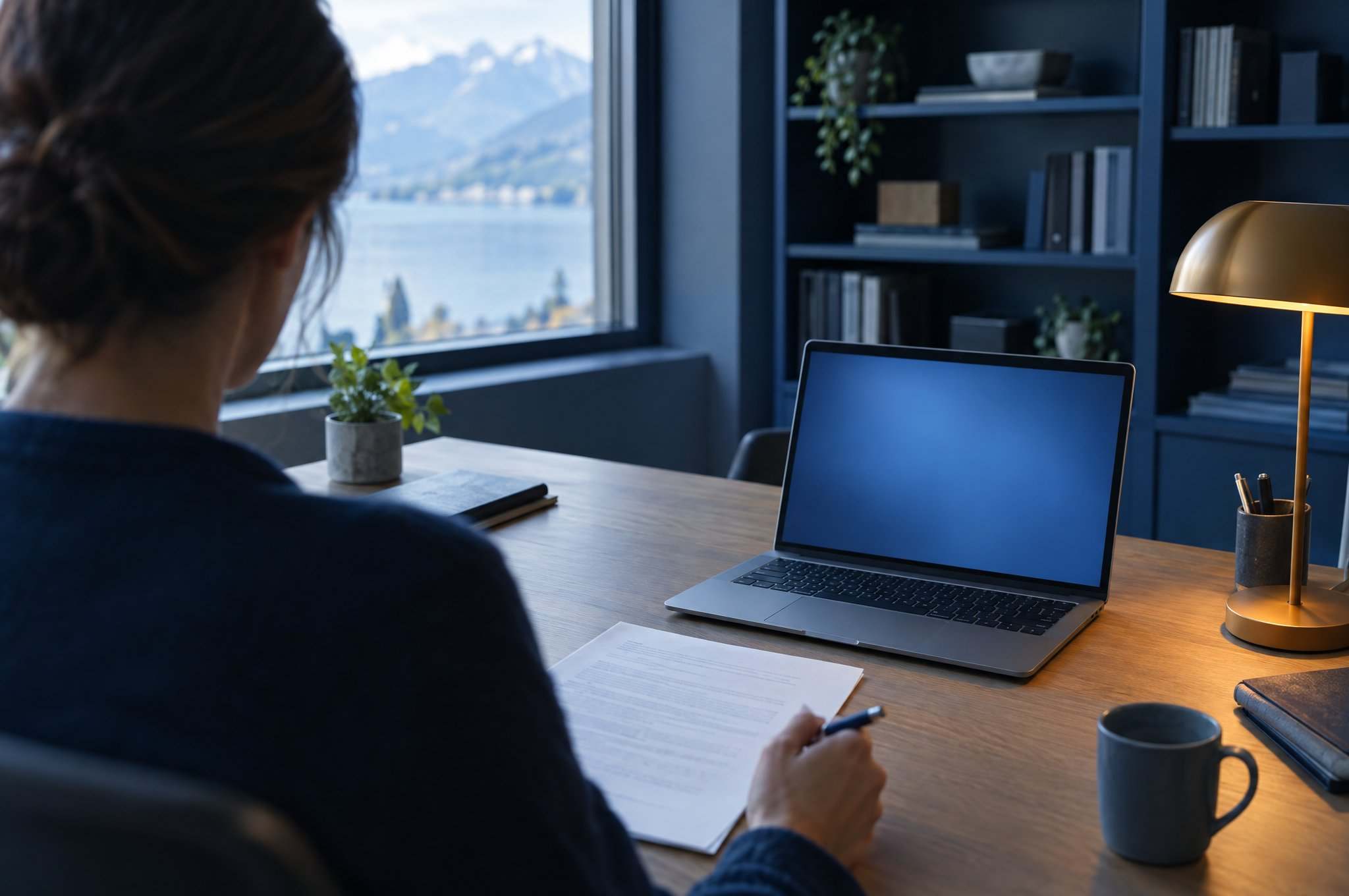 Eine Person prüft von hinten gesehen an einem Holzschreibtisch einen ausgedruckten Entwurf mit dem Stift in der Hand, daneben ein aufgeklappter Laptop und eine warm leuchtende Schreibtischlampe; durchs Fenster See und Berge.